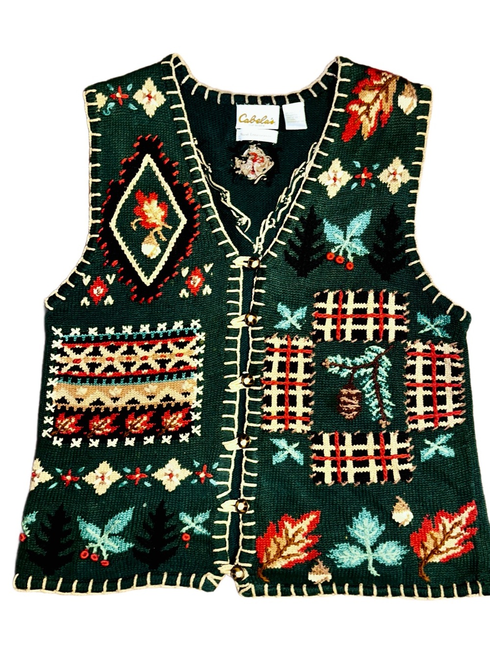 Cabala’s ~ Medium ~ Green W/Fall Colors ~ Leaves/Acorn ~ Embroidery Sweater Vest